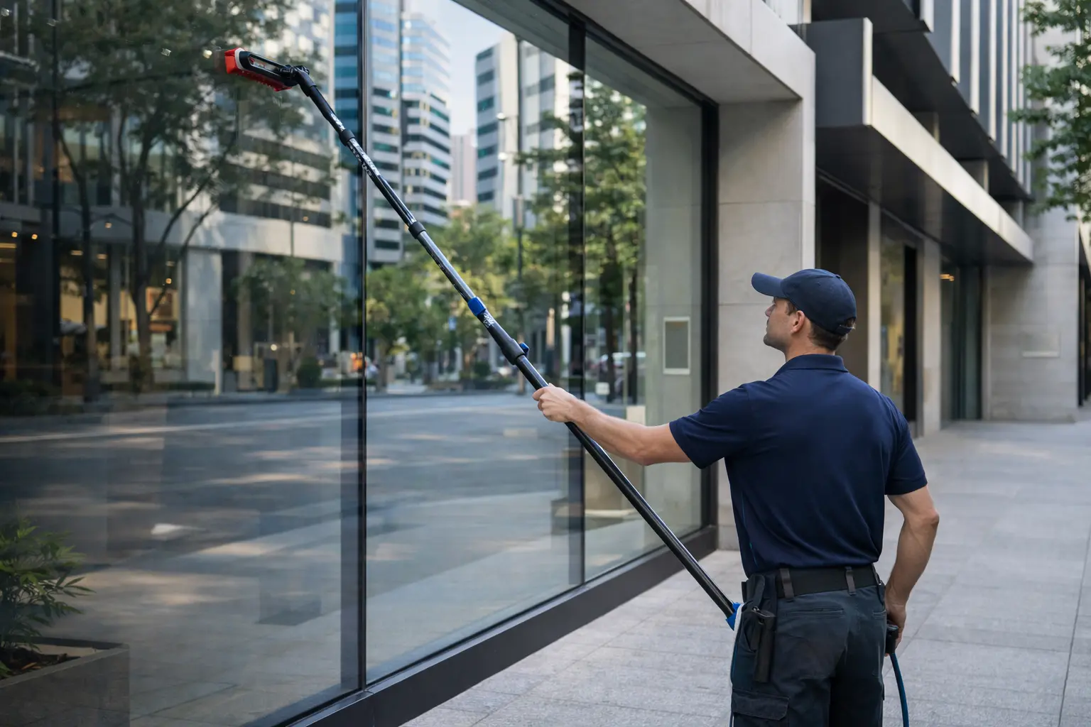 Window cleaning quote Brisbane technician cleaning residential glass with squeegee for a fast, accurate quote