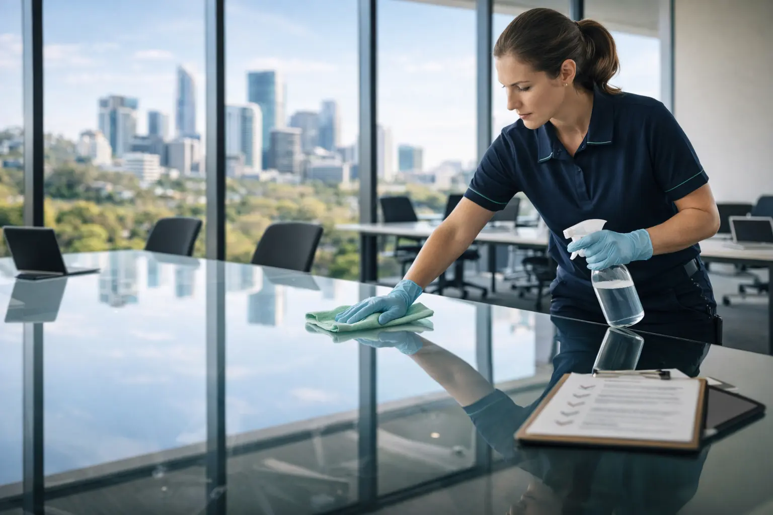 Professional office cleaner vacuuming floors in a modern Brisbane office