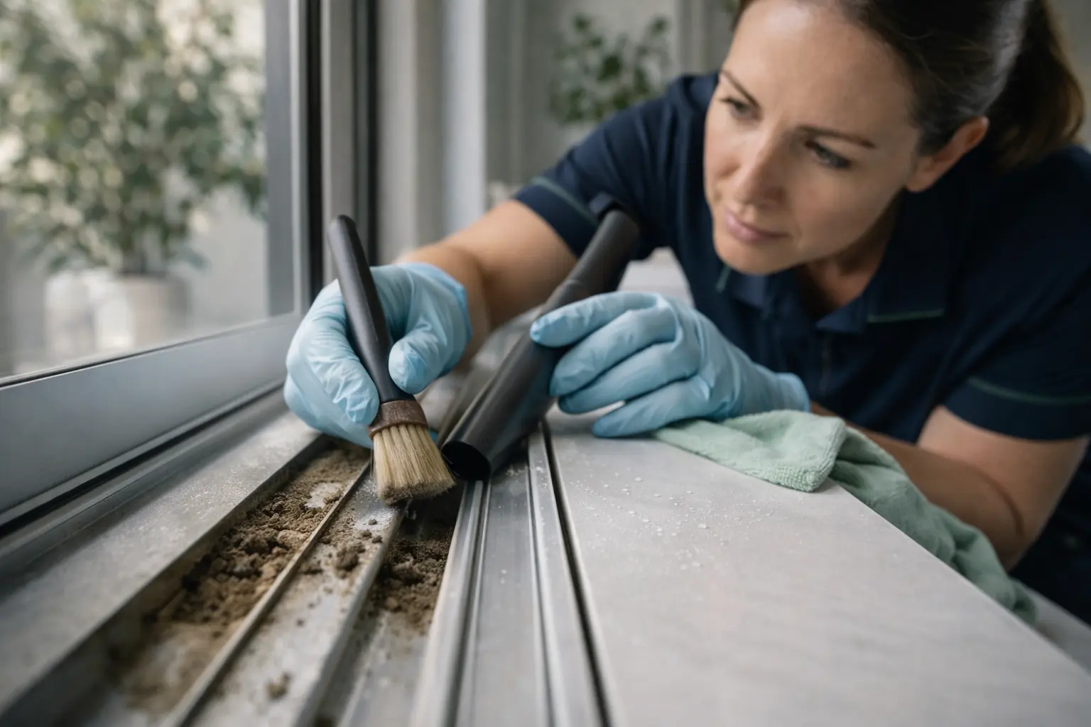 Professional cleaner detailing dirty window tracks in a Brisbane home