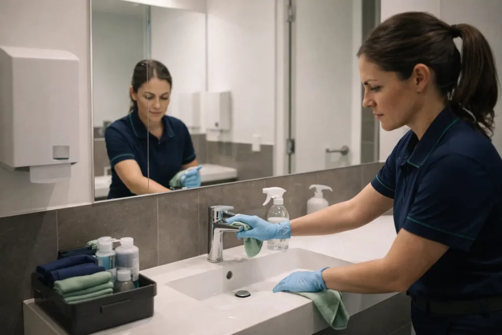 office bathroom cleaning Brisbane in a modern workplace bathroom