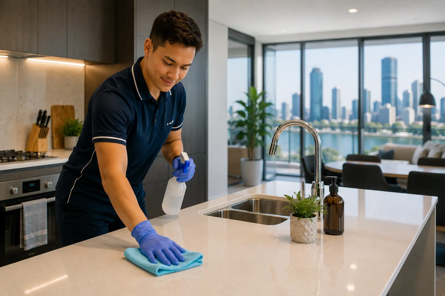 Professional cleaner cleaning a modern Brisbane apartment kitchen for an apartment cleaning brisbane cost guide